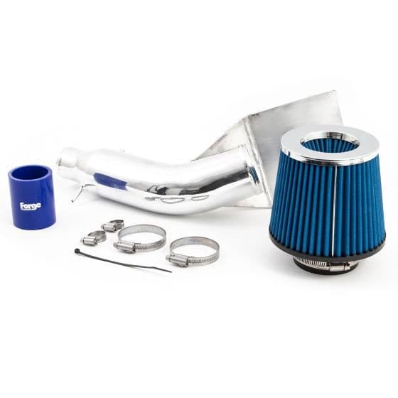 Forge Induction Kit featuring a pleated blue filter, shiny silver pipe, black silicone hose, and metal clamps, designed for enhanced engine performance.