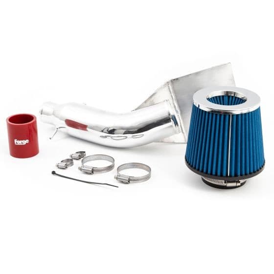 Forge Induction Kit featuring a pleated blue filter, shiny silver pipe, red silicone hose, and metal clamps, designed for enhanced engine performance.