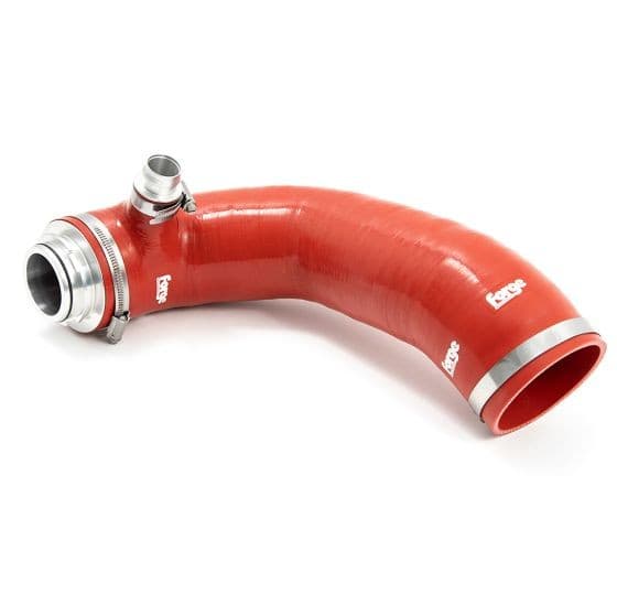 Curved red silicone inlet hose with a shiny metal connector, featuring the "Forge" logo in white on the surface.