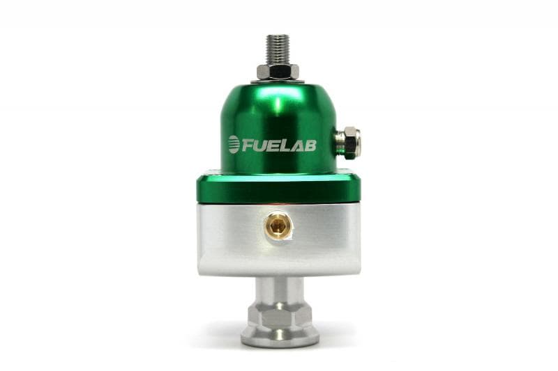 Fuelab Carburettor Blocking Style Fuel Pressure Regulator in green and silver, featuring a polished silver base, a green top, and a pressure adjustment screw on the side.