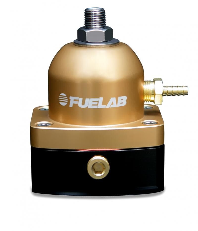 Gold and black Fuelab Fuel Pressure Mini-Regulator with a rounded top, threaded inlet, and a side outlet fitting, featuring the "FUELAB" logo prominently displayed.