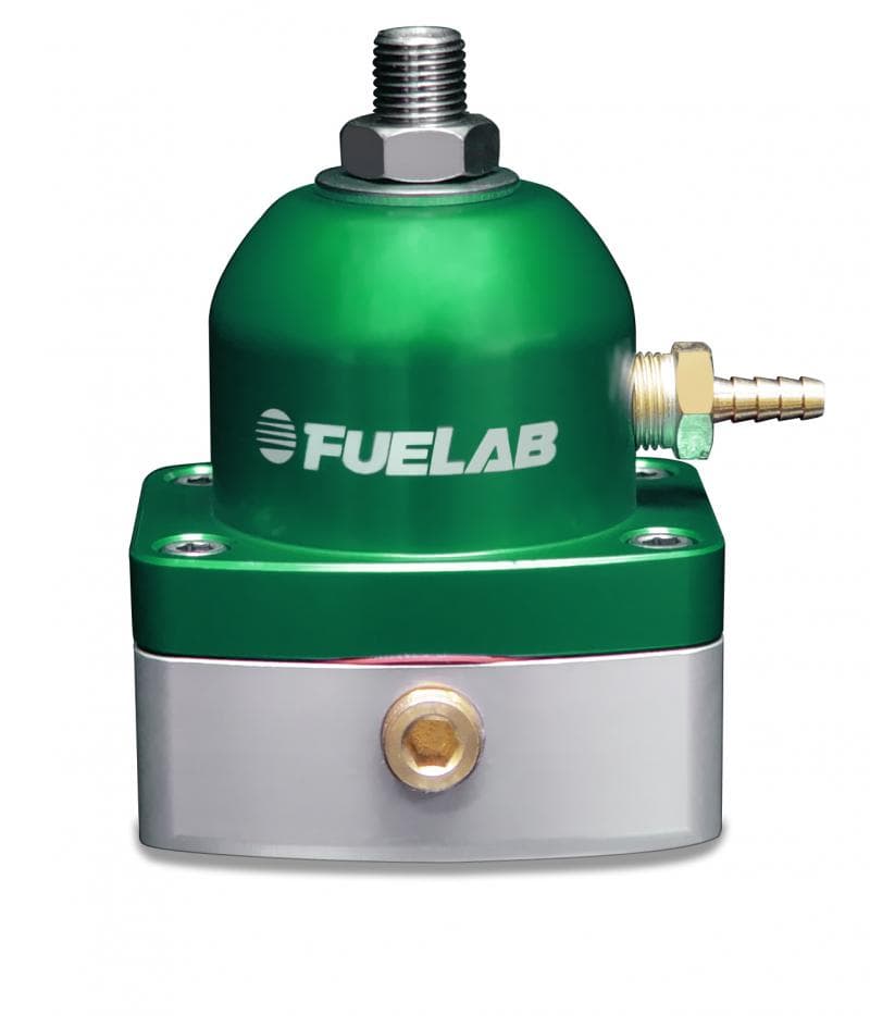 Fuelab Fuel Pressure Mini-Regulator in green and silver, featuring a rounded top, metal construction, and in-line return design with a threaded inlet and outlet fittings.