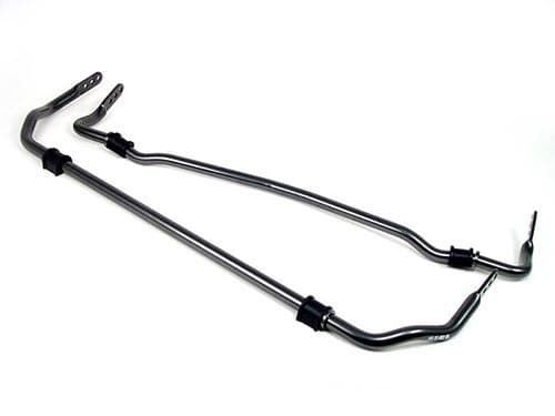 H&R Anti-Roll Bar Kit featuring a 27mm two-way adjustable front bar and a 21mm three-way adjustable rear bar, both made of durable metal with a sleek black finish.
