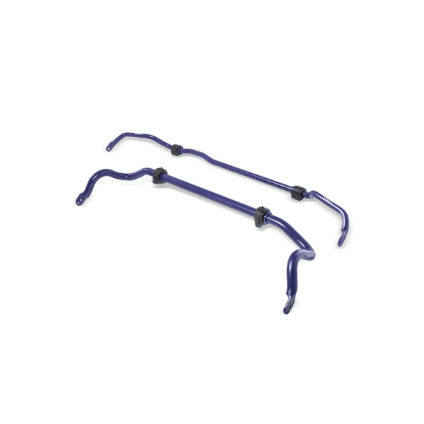 H&R Anti-Roll Bar Kit featuring a 28mm blue, two-way adjustable front bar and a 20mm non-adjustable rear bar, both made of durable metal with rubber bushings.