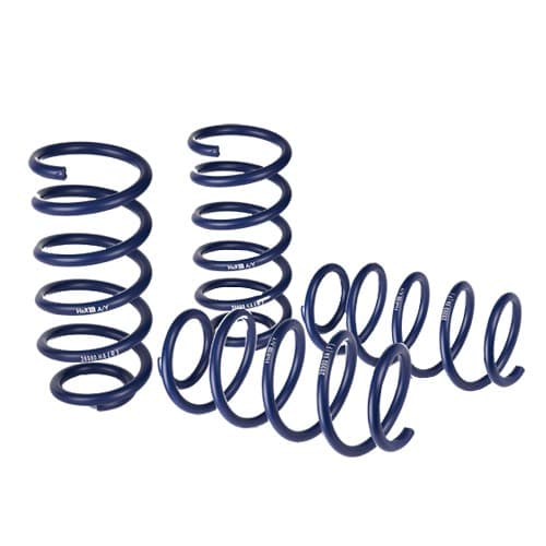 Blue coil springs from H&R's suspension kit, featuring performance lowering springs with a 40mm drop for the front axle and a 60mm drop for the rear axle.