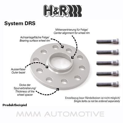 Silver aluminum wheel spacer with a central hole and five bolt holes, featuring a smooth finish and labeled with H&R branding, accompanied by several bolts.