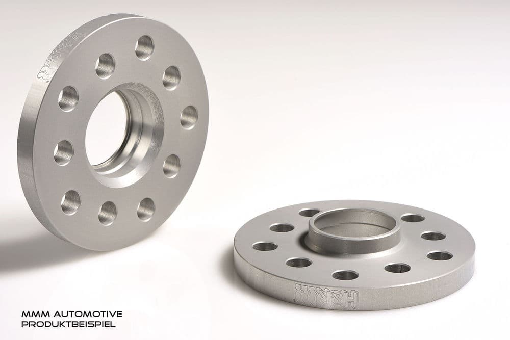 Silver aluminum wheel spacers with a 12mm thickness and five holes, featuring a smooth finish and the H&R logo engraved on the surface.
