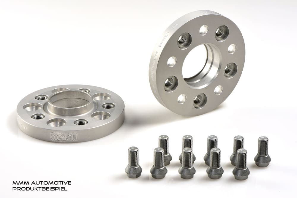 Silver aluminum H&R 4025571 Track Widening TRAK+® wheel spacers, 20mm thick, featuring five bolt holes, accompanied by ten matching wheel bolts.