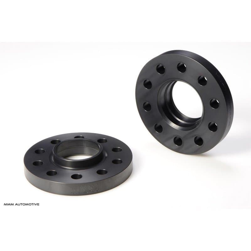 Black H&R B4055665 TRAK+® wheel spacers, 20mm thick, featuring five holes, designed for a total track widening of 40mm per axle, made from durable material.