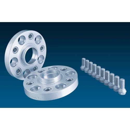Silver aluminum wheel spacers with a 20mm thickness, featuring five holes for mounting, accompanied by a set of matching bolts, set against a dark blue background.
