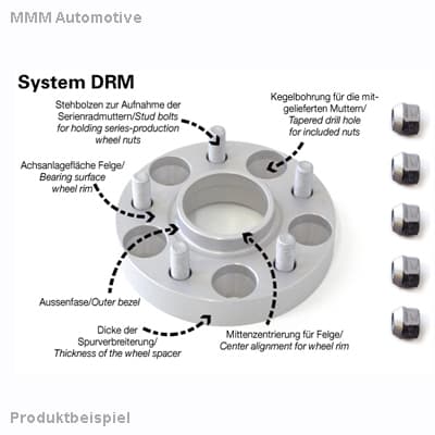 Silver aluminum wheel spacer with a 20mm thickness, featuring five holes for stud bolts, designed for track widening, labeled with technical specifications and diagrams.