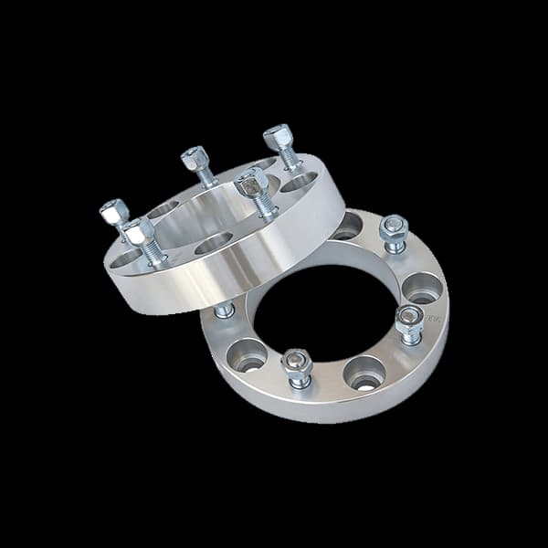 Silver aluminum wheel spacers with a 20mm thickness, featuring five holes and attached bolts, designed for track widening of 40mm per axle.