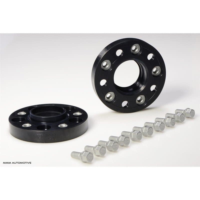 Black aluminum wheel spacers with five holes, featuring a smooth finish and accompanied by silver hex bolts, designed for track widening of 44mm per axle.