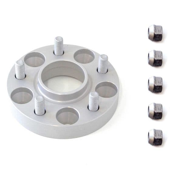 Silver aluminum wheel spacer with a central hole and five bolt holes, accompanied by five metal wheel nuts, designed for track widening by 50mm per axle.
