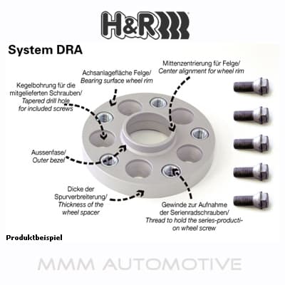 H&R 6075650 TRAK+® wheel spacers in silver aluminum, 30mm thickness, 60mm track widening per axle, featuring five holes for installation and detailed diagrams of mounting points.