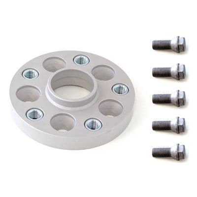 Silver aluminum wheel spacer with a central hole and five bolt holes, accompanied by five matching bolts, designed for track widening of 30mm per side.