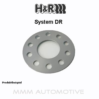 Silver aluminum wheel spacer with a circular design, featuring a central hole and four sets of holes for bolts, labeled with H&R branding and specifications.