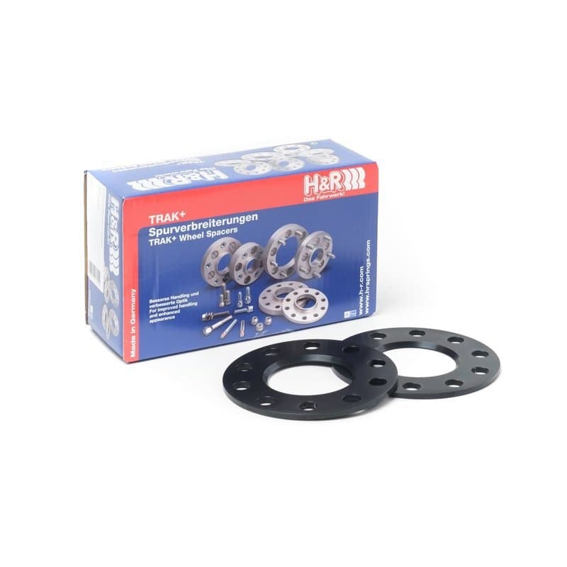 Black H&R TRAK+® wheel spacers with five holes, 5mm thickness, and a box featuring product details and images, designed for track widening per axle.