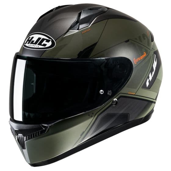 HJC C10 Graphic Motorcycle Helmet in Inka Orange and green, featuring a sleek aerodynamic design, tinted visor, and prominent HJC branding. Size X-Small (54-55cm).