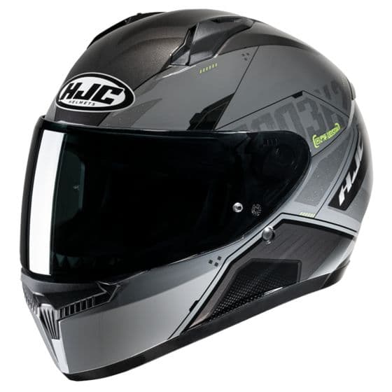 HJC C10 Inka Full Face Helmet in yellow and black, featuring a sleek aerodynamic design, tinted visor, and ventilation ports for enhanced airflow.
