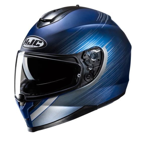 Blue full face motorcycle helmet with a glossy finish, featuring a sleek design, aerodynamic shape, tinted visor, and HJC logo on the front.