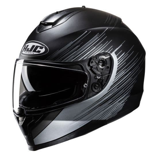 HJC C70N Sway Full Face Helmet in black with silver accents, featuring a sleek aerodynamic design, tinted visor, and adjustable ventilation system.