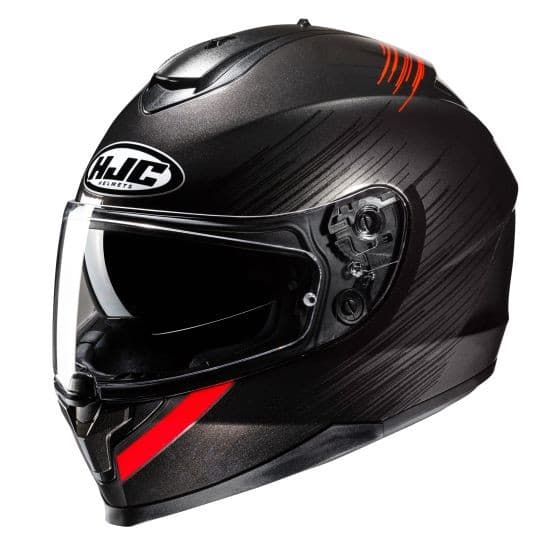 HJC C70N Sway Full Face Helmet in black with red accents, featuring a sleek aerodynamic design, tinted visor, and adjustable ventilation system.