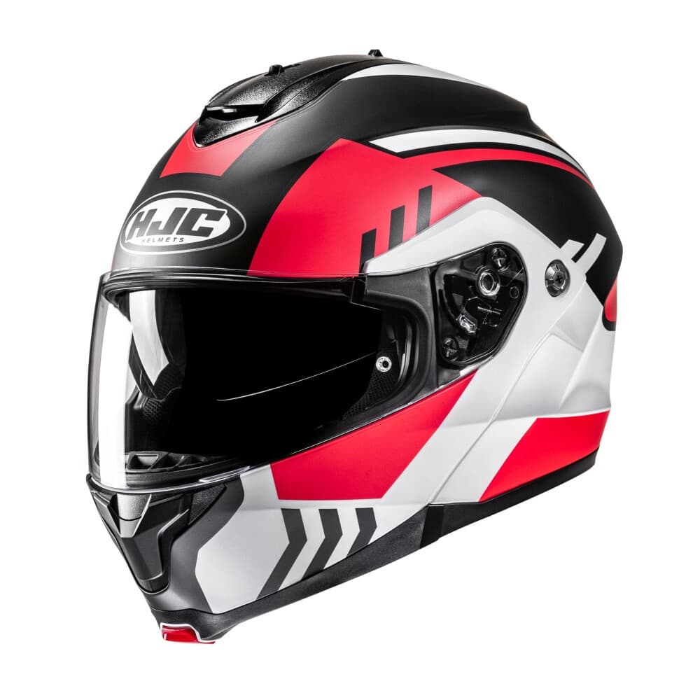 HJC C91N Kaon flip front motorcycle helmet in red, black, and white, featuring a sleek aerodynamic design, tinted visor, and ventilation ports.