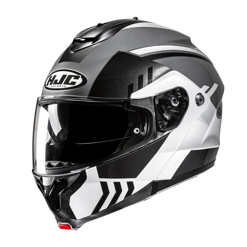 HJC C91N Kaon Flip Front Motorcycle Helmet in black and silver, featuring a sleek aerodynamic design, clear visor, and ventilation ports for enhanced airflow.