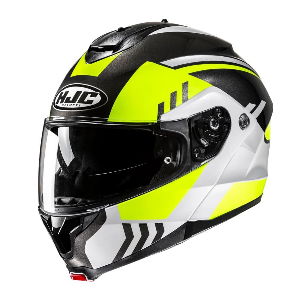 HJC C91N Kaon flip-up helmet in black, yellow, and silver, featuring a sleek aerodynamic design, a clear visor, and ventilation ports for enhanced airflow.