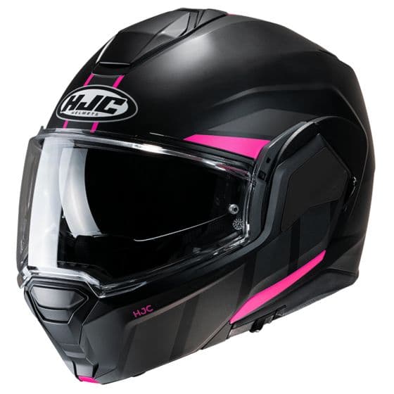 Black motorcycle helmet with pink accents, featuring a flip front design, clear visor, and HJC branding, made from durable materials for safety and comfort.