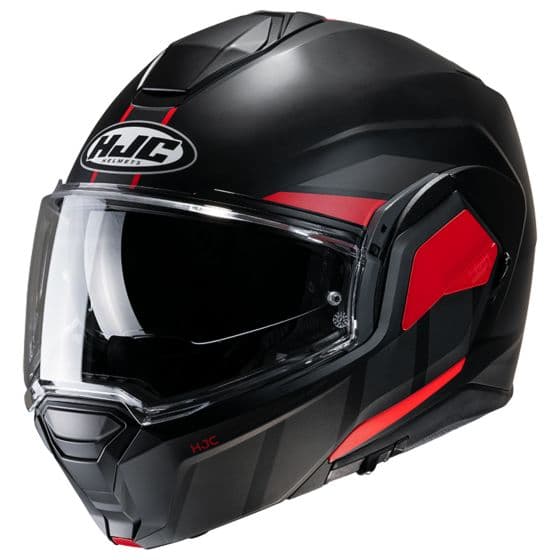 HJC I100 Beis Flip Front Motorcycle Helmet in matte black with red accents, featuring a clear visor, aerodynamic design, and adjustable ventilation.