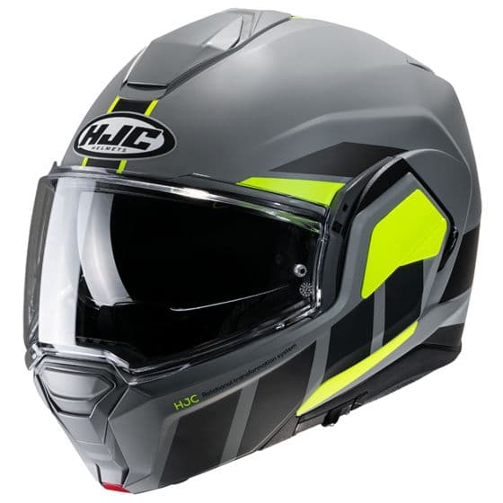 HJC I100BYS flip front motorcycle helmet in gray with yellow accents, featuring a clear visor and aerodynamic design for enhanced safety and comfort.