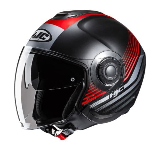 Red and black HJC I40N Dova open face helmet featuring a sleek design, a clear visor, and a comfortable interior with ventilation.