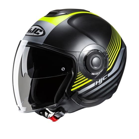 Open face helmet in black with vibrant yellow and gray stripes, featuring a clear visor, adjustable chin strap, and ventilation system, designed for comfort and style.