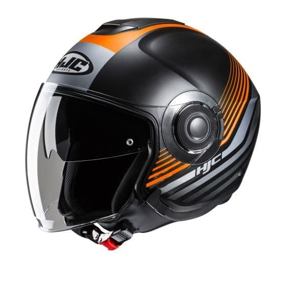 HJC I40N Dova open face helmet in black with orange and gray stripes, featuring a clear visor, padded interior, and a sleek aerodynamic design.