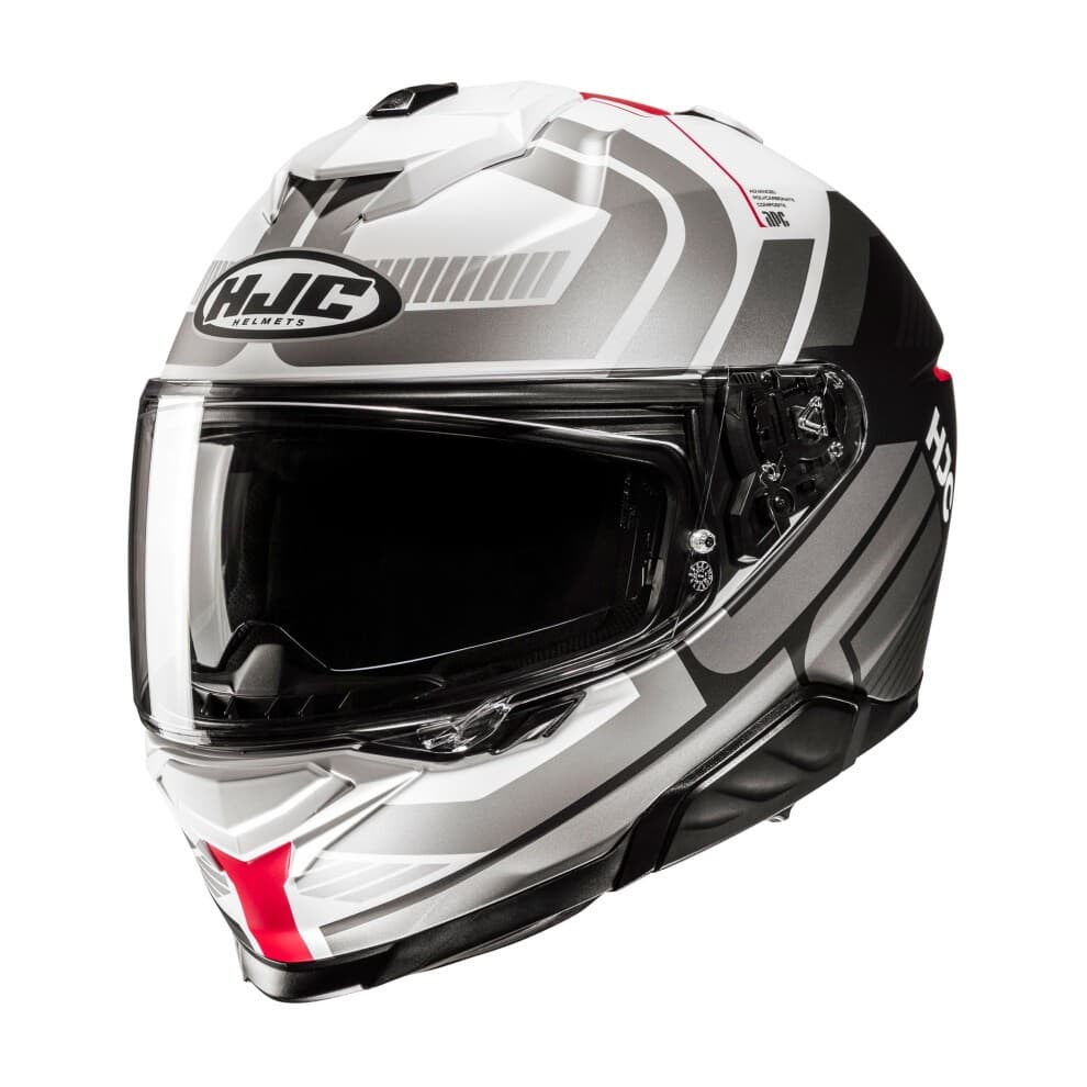 Red and silver full-face motorcycle helmet featuring a sleek aerodynamic design, clear visor, and HJC logo on the front, with ventilation ports for airflow.