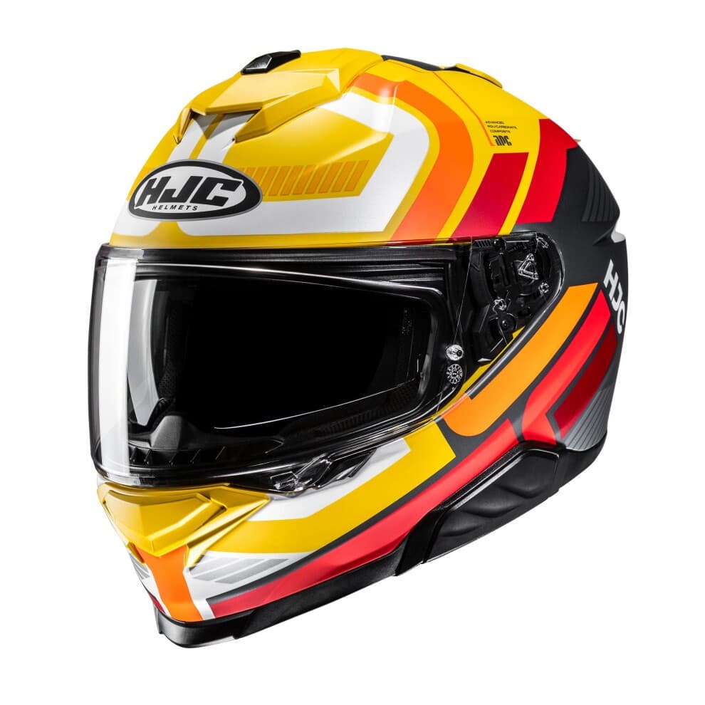 HJC I71 Viz full face helmet in vibrant yellow with red and orange accents, featuring a sleek aerodynamic design and a clear visor for enhanced visibility.