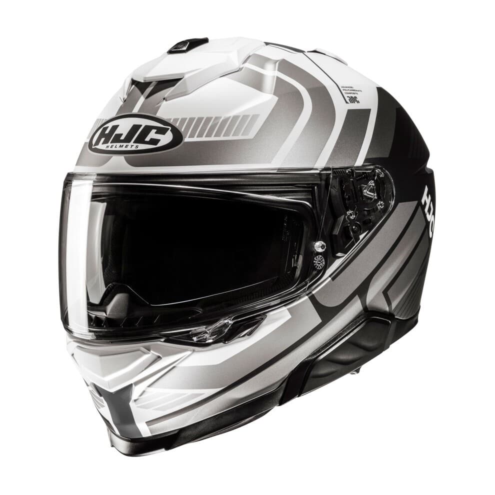 Black and silver full-face motorcycle helmet featuring a sleek design, clear visor, and aerodynamic shape, with HJC branding prominently displayed on the front.