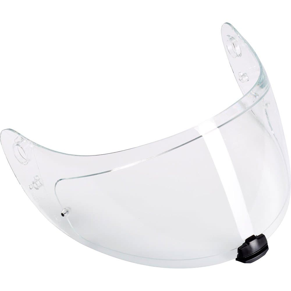 Clear, curved visor made of durable polycarbonate, featuring a central locking mechanism and side mounting points, designed for HJC helmets.