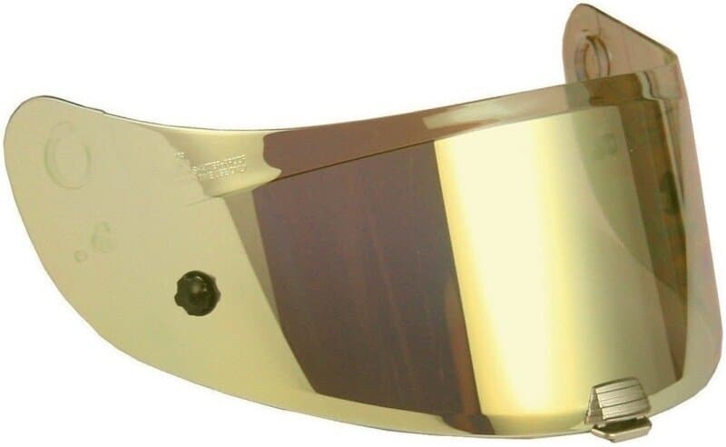 Iridium gold visor for HJC V90 helmets, featuring a sleek, reflective surface with a curved design and attachment points for secure fitting.