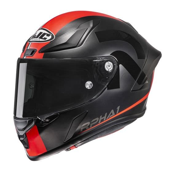 HJC RPHA 1 Senin motorcycle helmet in red and black, featuring a sleek aerodynamic design, tinted visor, and prominent RPHA1 branding on the side.
