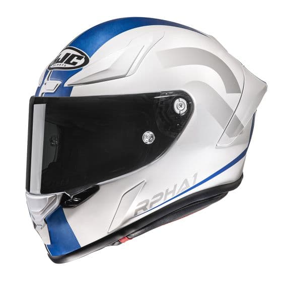 HJC RPHA 1 Senin motorcycle helmet in XL size, featuring a sleek blue and white design, aerodynamic shape, tinted visor, and ventilation ports for enhanced airflow.