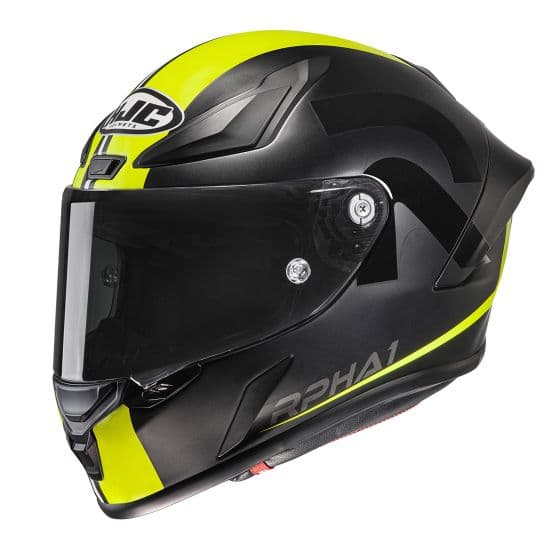 Yellow and black HJC RPHA 1 Senin motorcycle helmet in size XS, featuring a sleek design, aerodynamic shape, and a clear visor with a prominent logo.