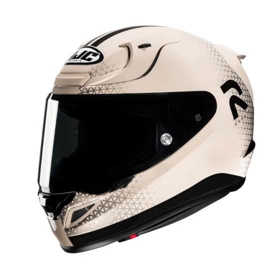 HJC RPHA 12 motorcycle helmet in brown and black, featuring a sleek aerodynamic design, a tinted visor, and a geometric graphic pattern, suitable for small sizes (55-56cm).