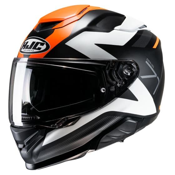 Full-face motorcycle helmet in orange, black, and white, featuring a sleek aerodynamic design, a clear visor, and ventilation ports for enhanced airflow.