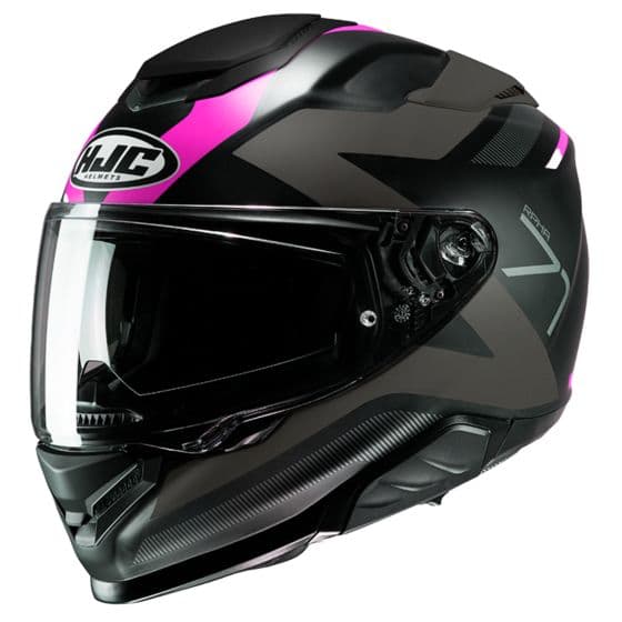 HJC RPHA 71 Pinna full face helmet features a sleek black design with pink accents, a clear visor, and aerodynamic shape, ideal for motorcycle riders.