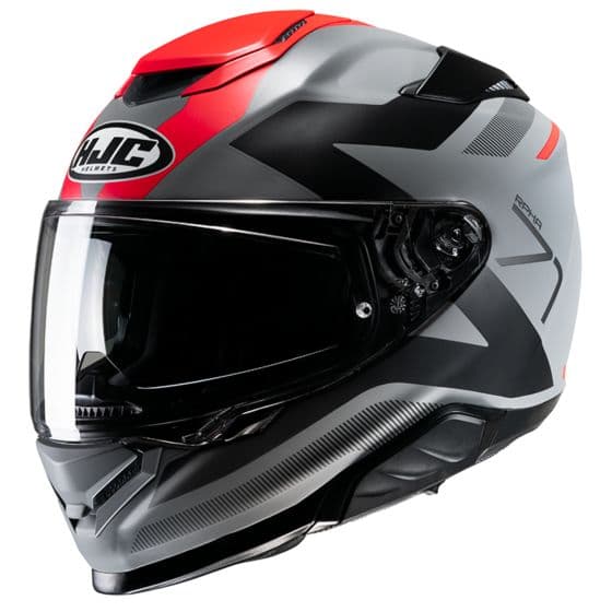 Red and gray full-face motorcycle helmet with a sleek aerodynamic design, featuring a tinted visor, HJC logo, and bold graphic patterns.