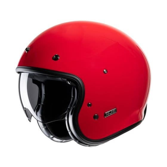 Bright red open face helmet with a glossy finish, featuring a clear visor, padded interior, and HJC branding on the side for a stylish and comfortable ride.