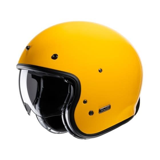 Bright yellow open face helmet with a glossy finish, featuring a clear visor, black interior padding, and HJC branding on the side.